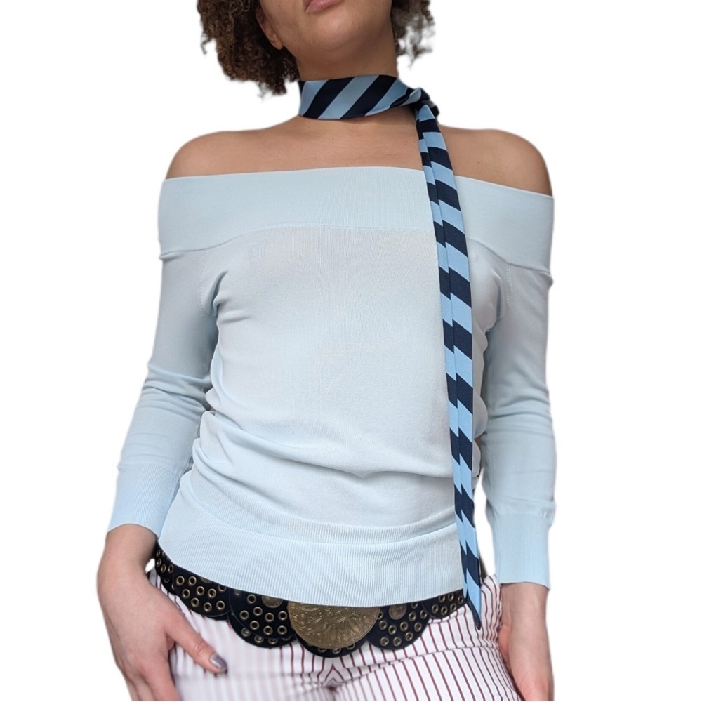 The Limited Vintage Y2K Feminine Powder Blue Off The Shoulder Long Sleeve Blouse
